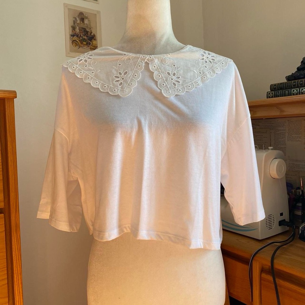 Cottagecore White Floral Lace Collar Crop Top Short Sleeve Tee